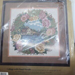 VTG Cottage Floral Wreath Needlepoint Kit Candamar Designs 14x14 Canvas & Floss